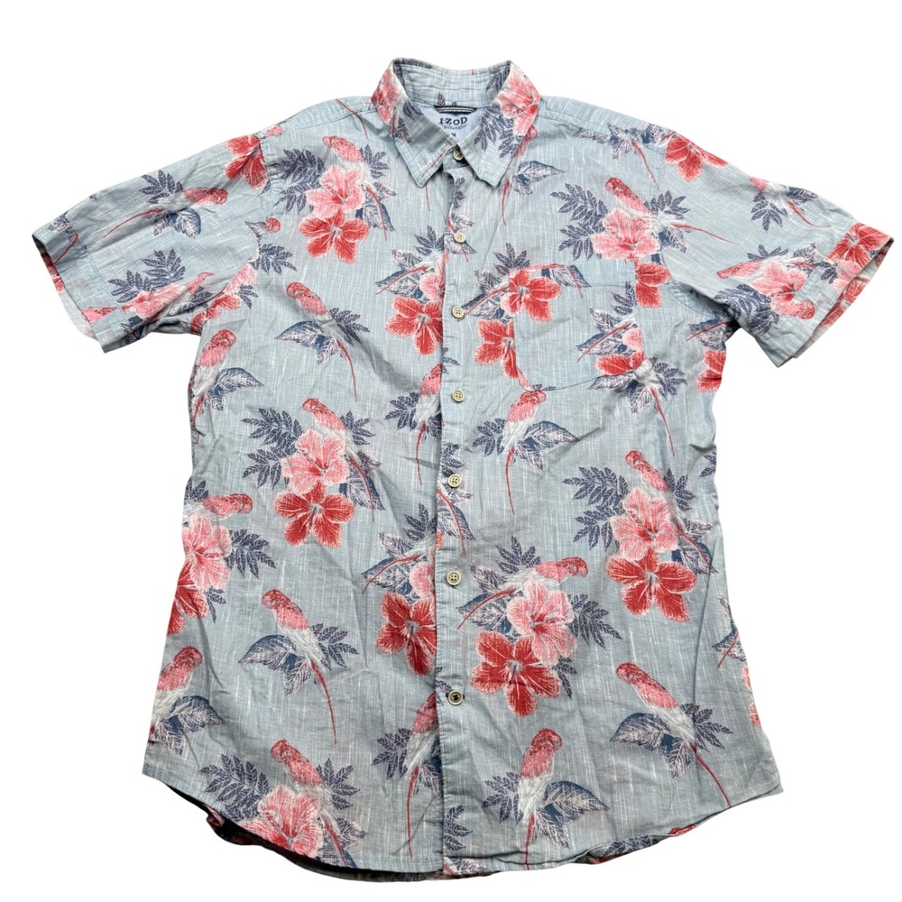 IZOD Saltwater Mens Blue Tropical Parrot Hibiscus Button Down Shirt IZSGB91R M